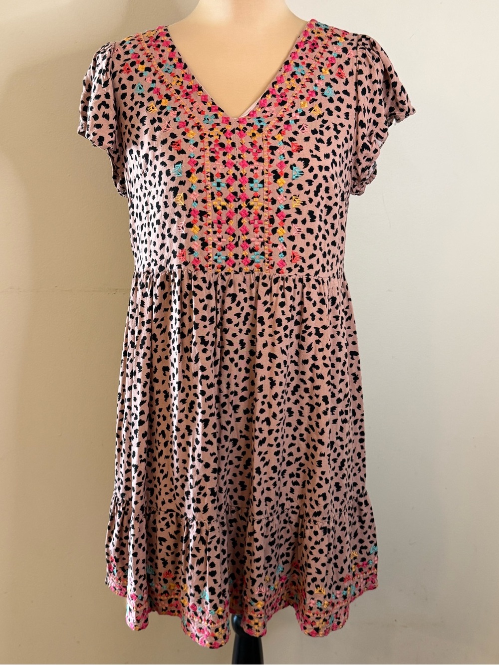 Savanna Jane western boho chic Aztec embroidered leopard print midi shift dress